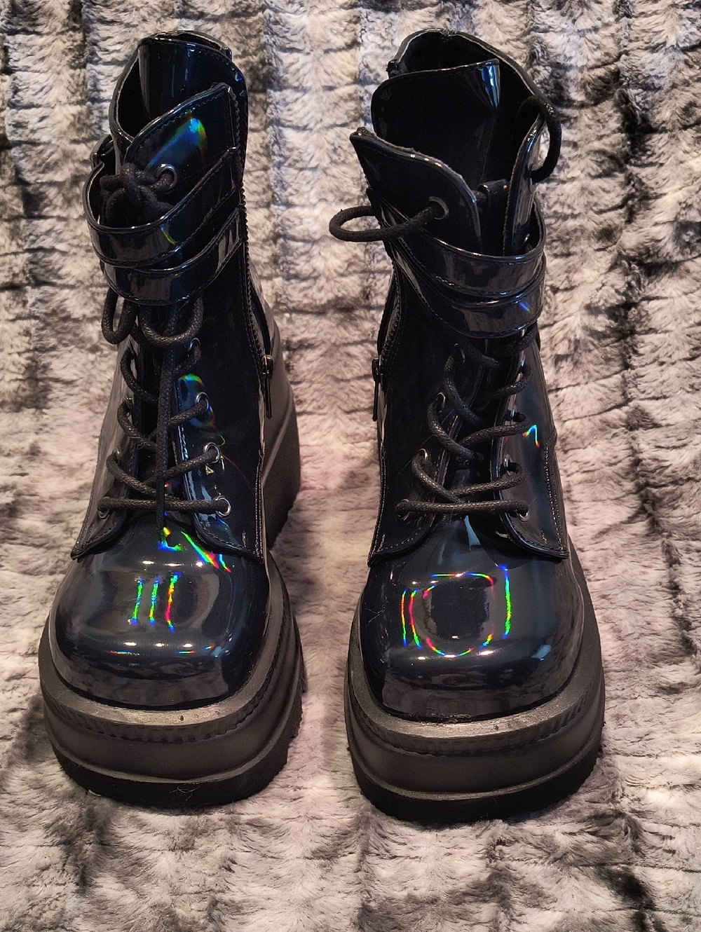 Demonia Black Patent Holographic Combat Boots Size 7 Women's NWOT